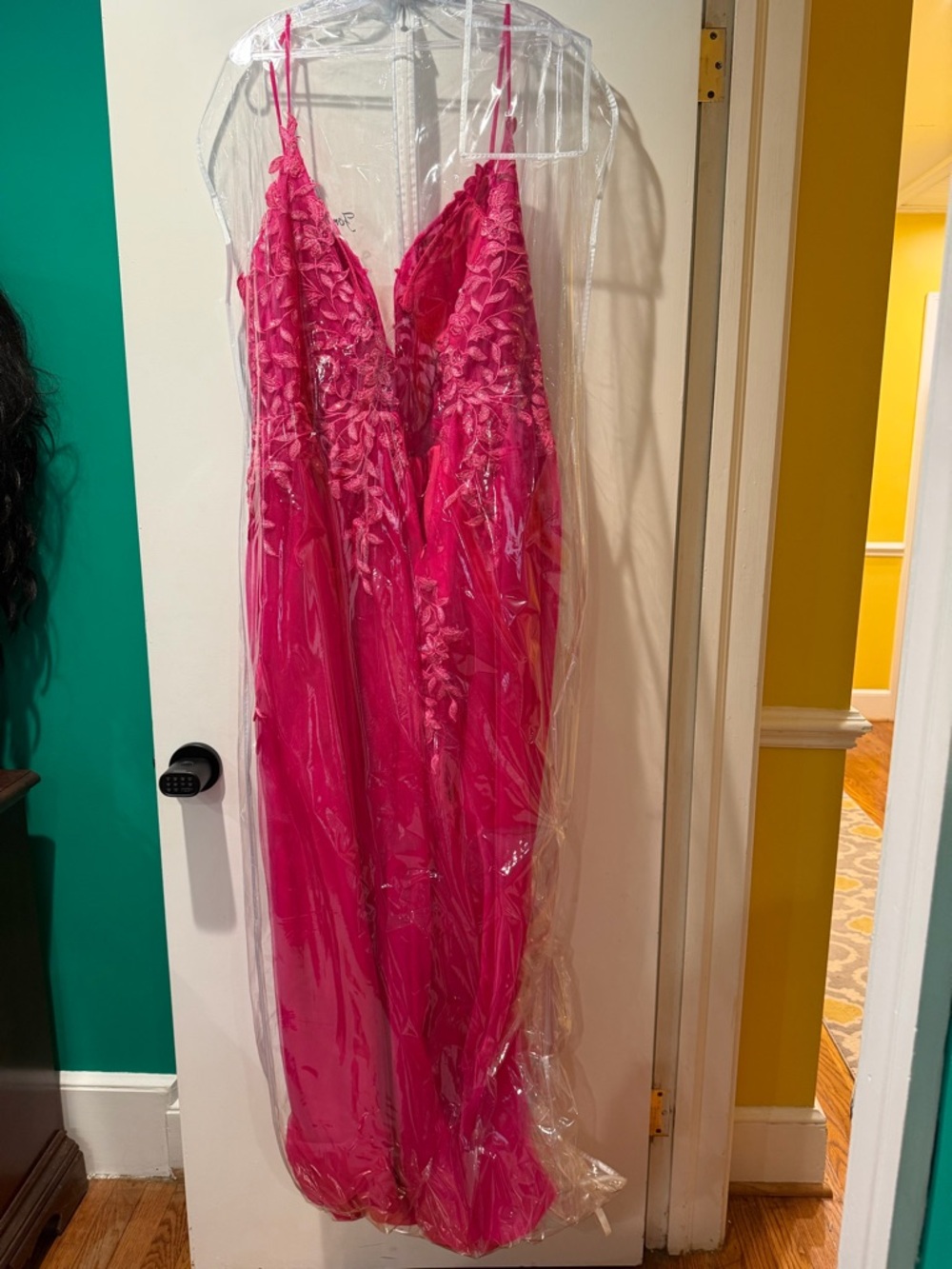 Athena Hot Pink Spaghetti-Strap Prom Gown with Floral Applique